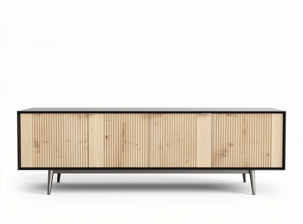 Modern wooden sideboard with slatted doors in natural finish 150 x 40 x 50cm
