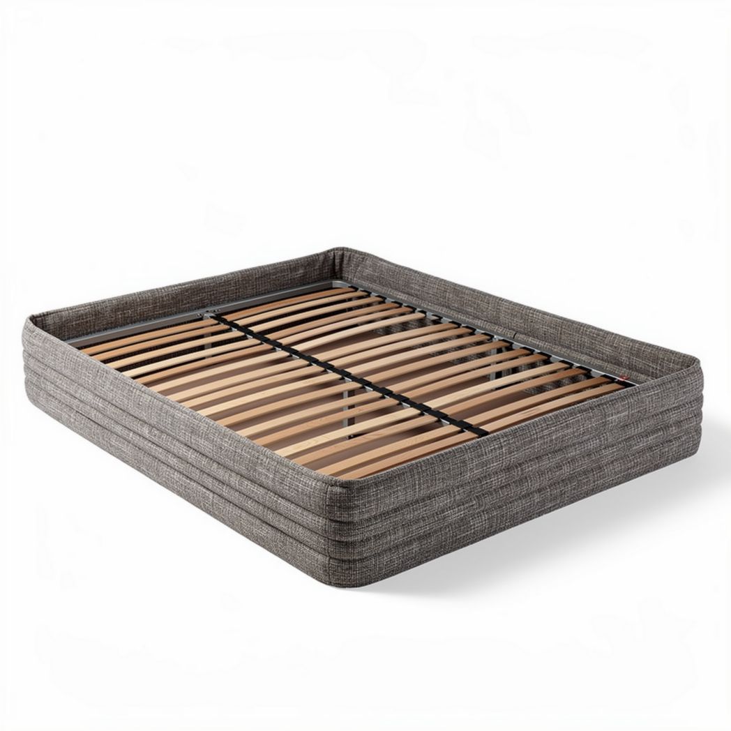 Wooden slat bed frame with upholstered gray fabric finish 200 x 160 x 25cm