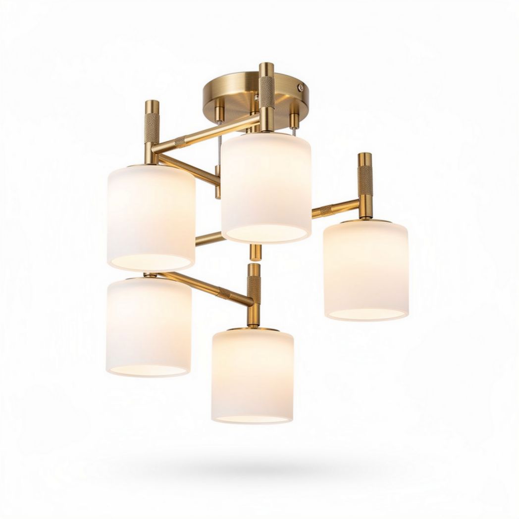 Five-light modern ceiling fixture in brushed gold with frosted glass shades
