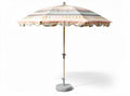 Outdoor patio umbrella with multicolor striped canopy 8 feet height wood pole and concrete base