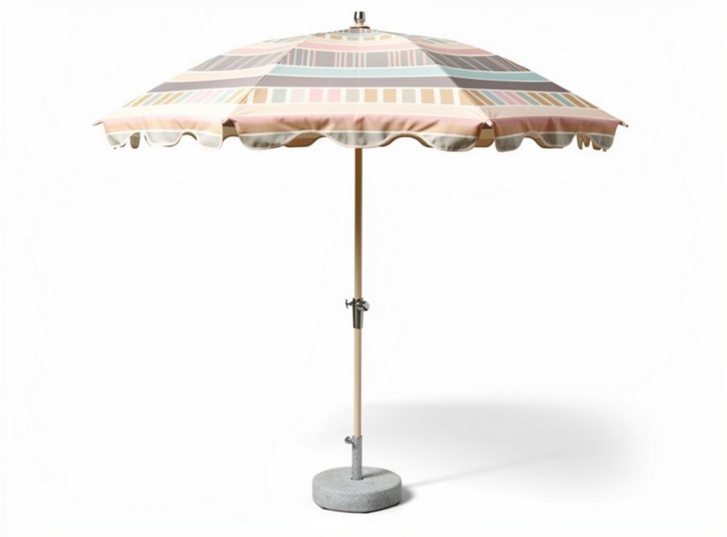 Outdoor patio umbrella with multicolor striped canopy 8 feet height wood pole and concrete base