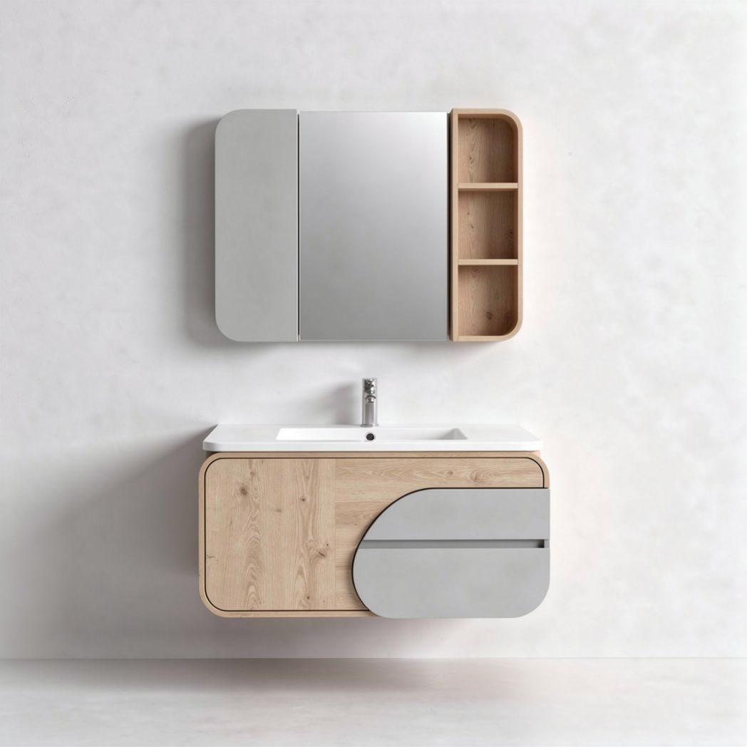 Bathroom vanity set with mirror storage cabinet in wood and grey finish