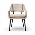Rope woven dining chair with soft cushion in beige color and black legs