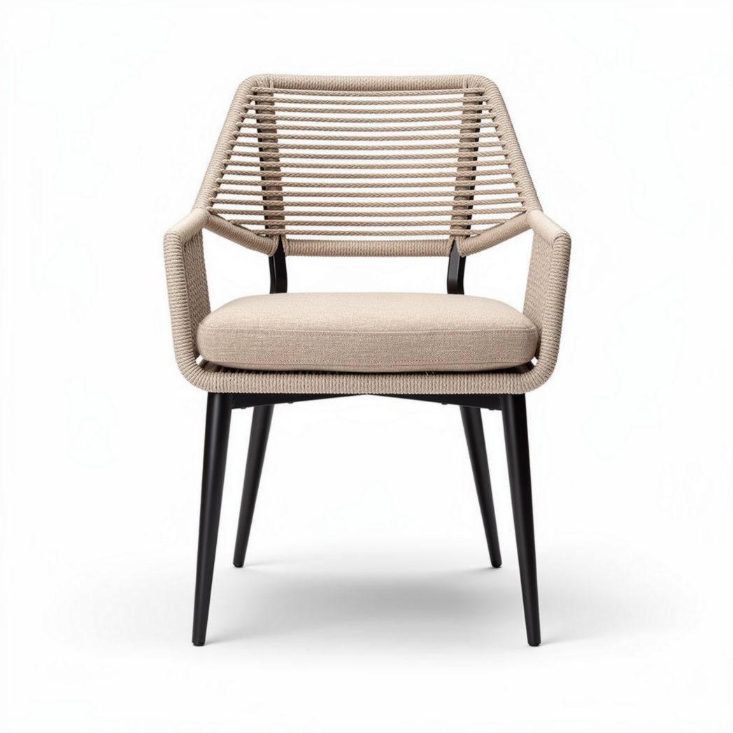 Rope woven dining chair with soft cushion in beige color and black legs