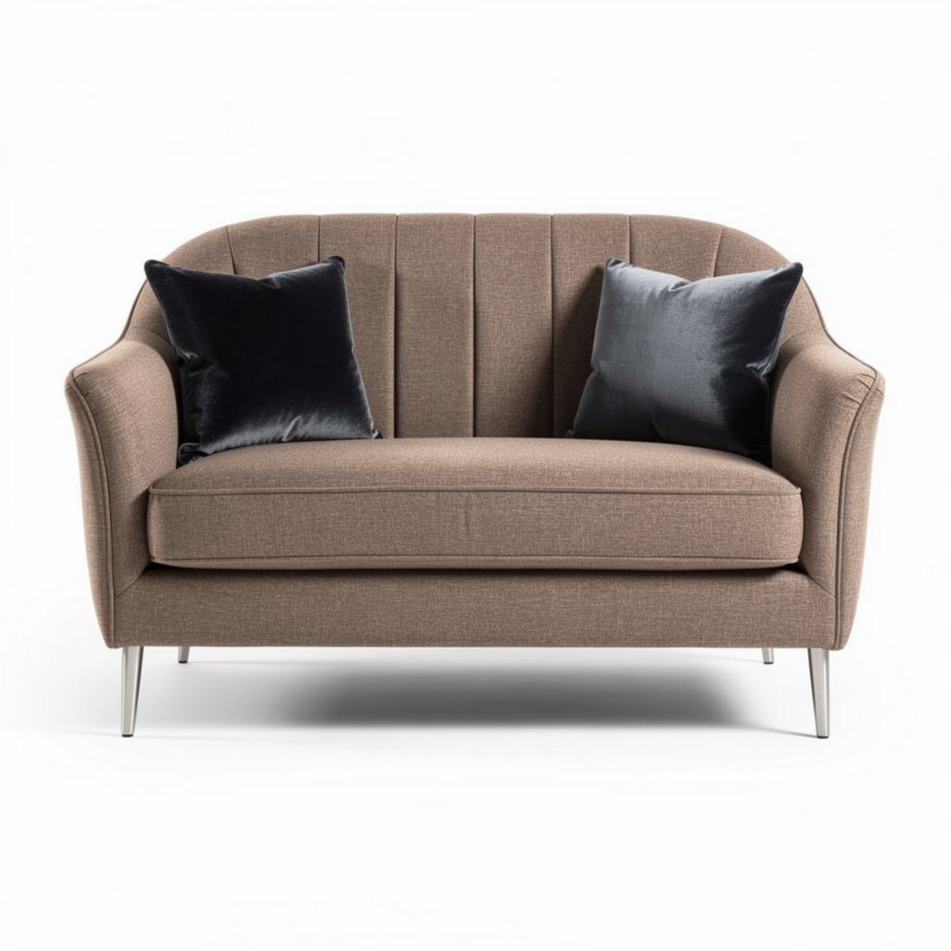 Modern two-seater sofa with plush cushions in brown fabric and silver legs