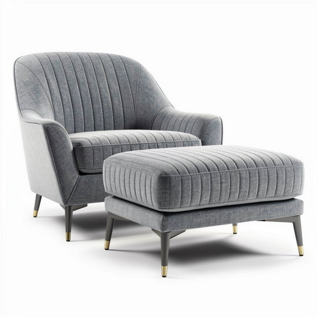 Upholstered accent chair and ottoman set in gray fabric with tapered legs